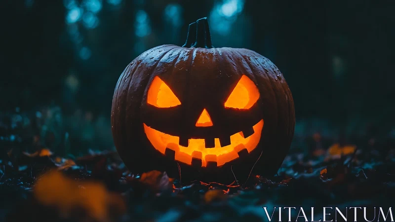 Jack-o-lantern glows on wet ground in a dark outdoor setting