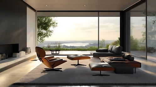 Modern living room facing panoramic lake and sunset view.