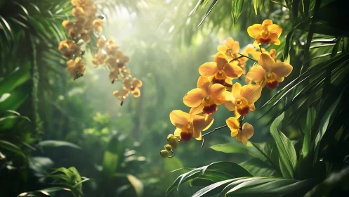 Sunlit golden orchids glowing in a tranquil jungle haven.