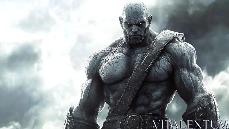 Monochrome stone-skinned warrior with glowing eyes in clouds