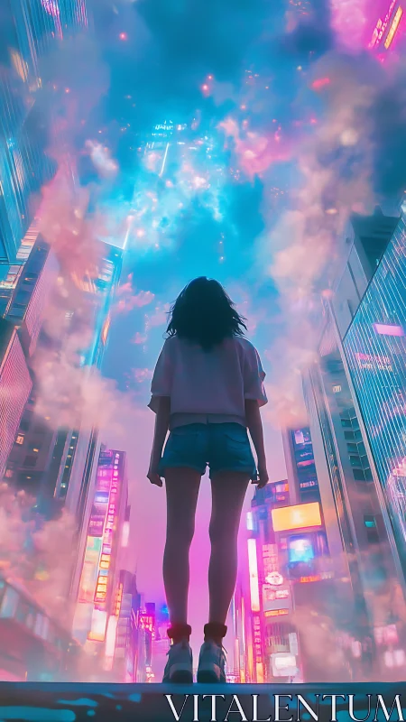 Neon city dreamscape surrounds a lone girl under cosmic sky.