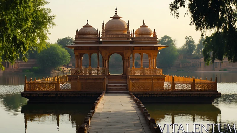 Stone pavilion structure stands symmetrically on a reflective lake