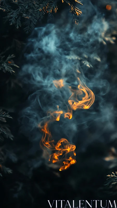 Forest ember dance swirling through cool blue smoke.