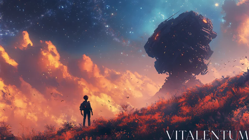 Lone explorer confronts colossal alien structure at dusk sky