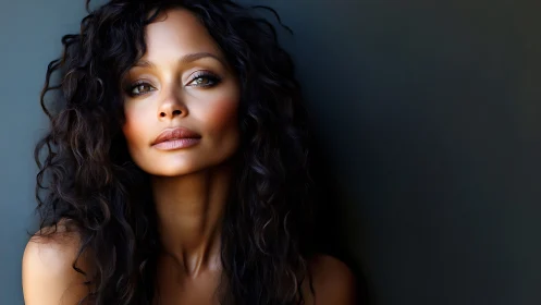 Soft-lit gaze lets curls and copper light quietly collide