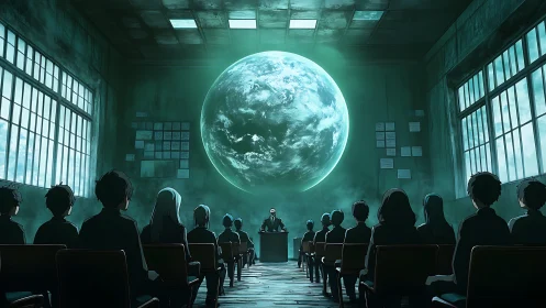 Students sit in dark classroom facing glowing projected earth