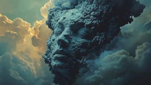 Stone-like human face merged with dense cloud formations.