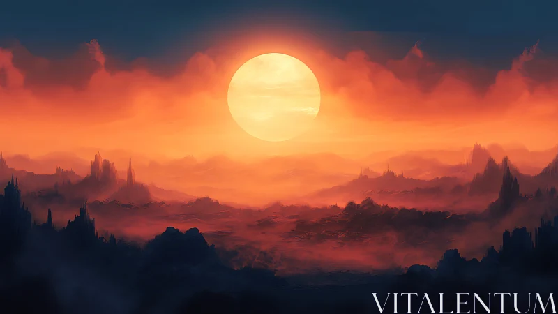 Fiery alien landscape under huge glowing sun at dusk.