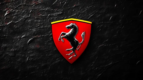 Red shield emblem with prancing horse on dark textured ground.