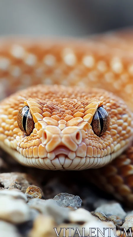 Close frontal macro of patterned orange snake face.