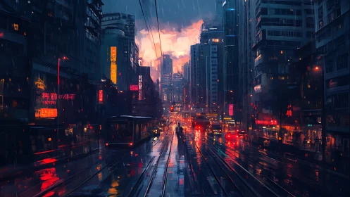 Rainy neon city street with trams and tall buildings at dusk.
