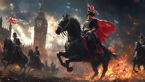 British cavalry charge through burning London under stormed sky