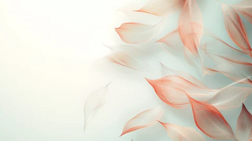 Translucent red leaf forms drift across pale gradient space