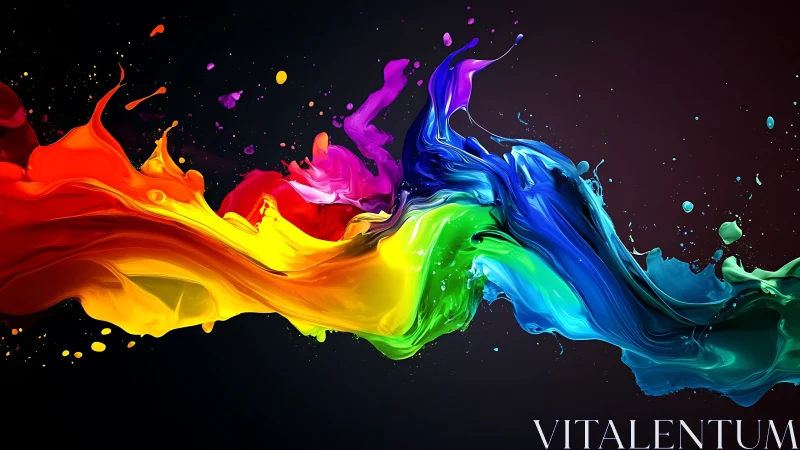 Vivid liquid rainbow paint streams arc across dark space