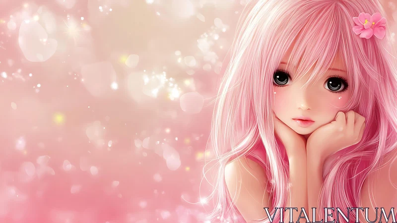 Pink haired anime girl against soft bokeh background.