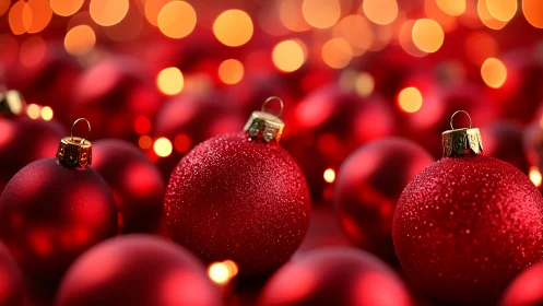 Red baubles in shallow focus with warm defocused lights.
