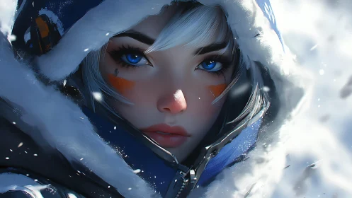 Snowborn scout with electric blue eyes in roaring blizzard.