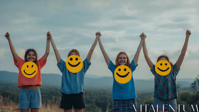 Joyful kids raising hands together under a wide open sky.
