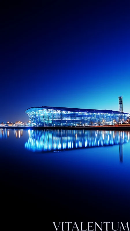 Nighttime panoramic view of blue-lit waterfront arena reflection.