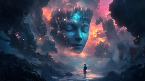 Surreal cosmic visage above lone figure in nebular canyon.