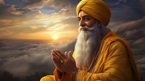 Elderly spiritual man in orange robes against cloudy sunset sky.