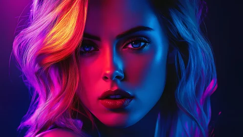 Neon-lit digital portrait of woman in tri-color lighting.