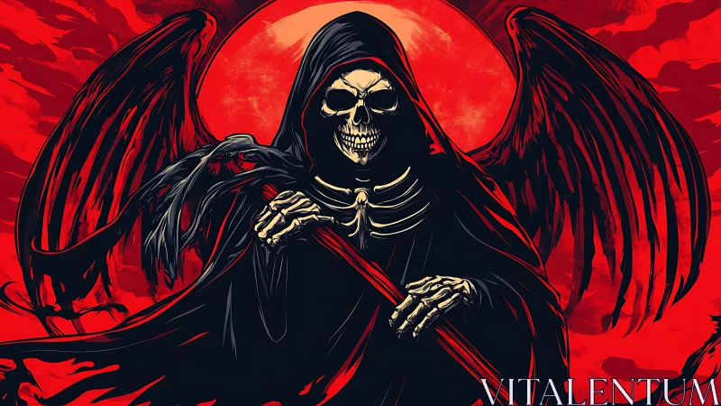 Winged skeletal reaper with scythe before circular red sun.