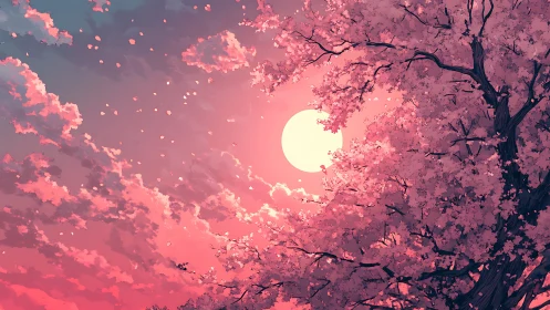 Moonlit cherry blossoms drifting through a rosy sky.
