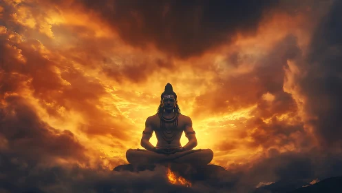 Meditating deity silhouette against dense sunset clouds.