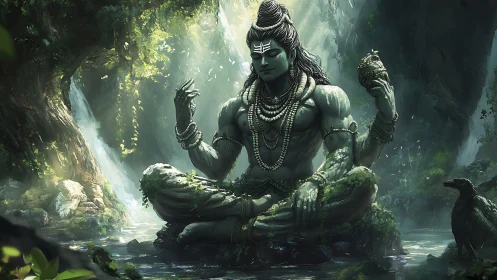 Meditating deity statue in lush rainforest clearing