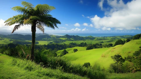 Coastal fern tree overlooking sunlit green rolling hills panorama