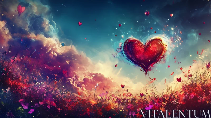 Giant Red Heart Soars Above Blooming Flower Field.