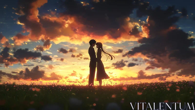 Sunset lovers stand close in a glowing wildflower field