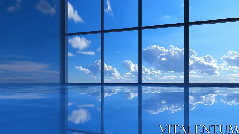 Skyline window reflection over glossy blue surface.