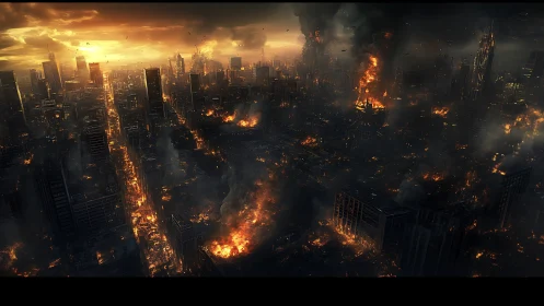 Burning futuristic megacity collapses under apocalyptic firestorm