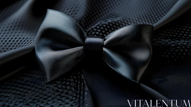 Elegant Black Satin Bow Tie on Textured Fabric, Modern Close-Up. Elegant Black Satin Bow Tie on Textured Fabric, Modern Close-Up.