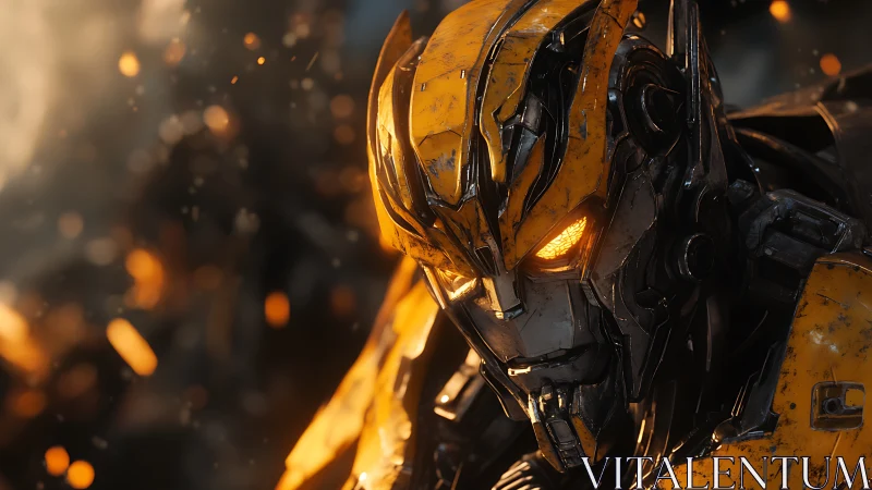 Battle-scarred yellow mech head with molten ember eyes.