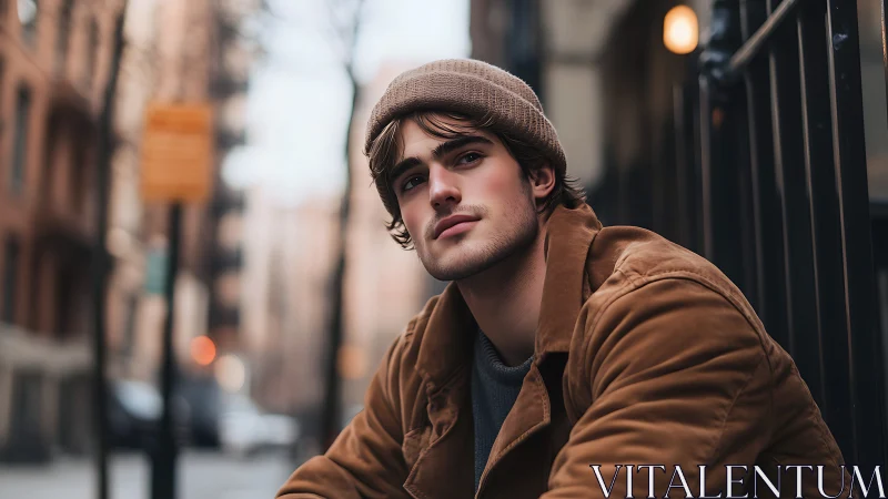 Warm city pause with a thoughtful young man in brown coat.