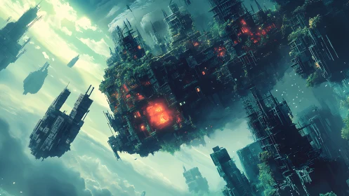 Skybound jungle megacity drifts through emerald stormlight.