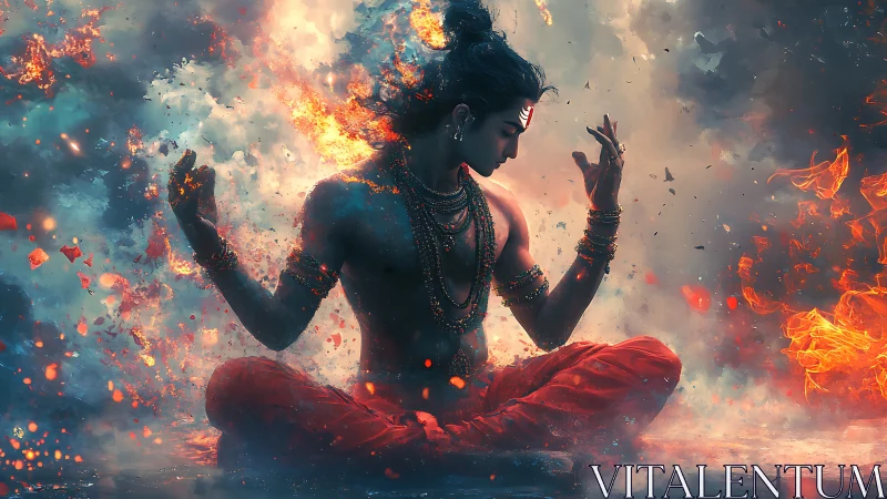 Firelit meditation with a serene cosmic guardian figure.