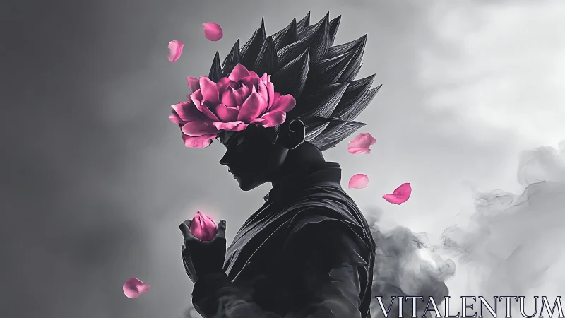 Anime silhouette warrior crowned with blooming lotus petals.