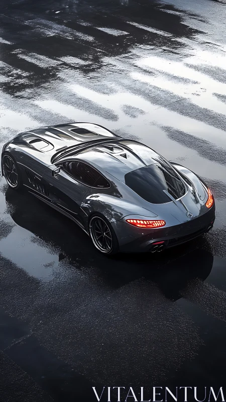 Silver supercar glides over rain-soaked asphalt surface.