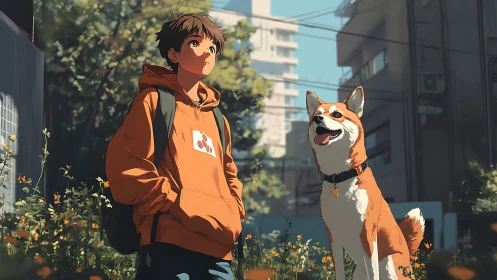 Golden city morning with a thoughtful teen and loyal dog.