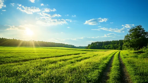 Sunlit country trail unravels through glowing emerald fields.