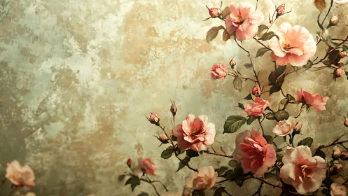 Vintage Floral Composition with Distressed Background and Rose Stems