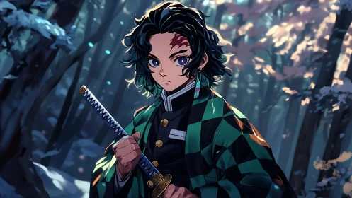 Sword-wielding anime warrior in patterned haori forest light.