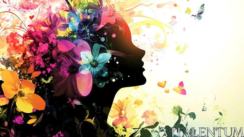 Silhouetted female profile with multicolor abstract floral burst