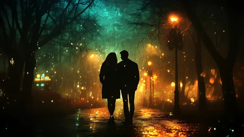 Silhouettes Walking Through Rain-Soaked Urban Night