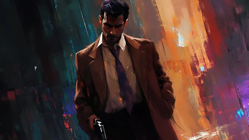 Man in suit holding handgun against abstract color field.