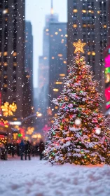 Snowlit city Christmas tree with colorful festive bokeh.